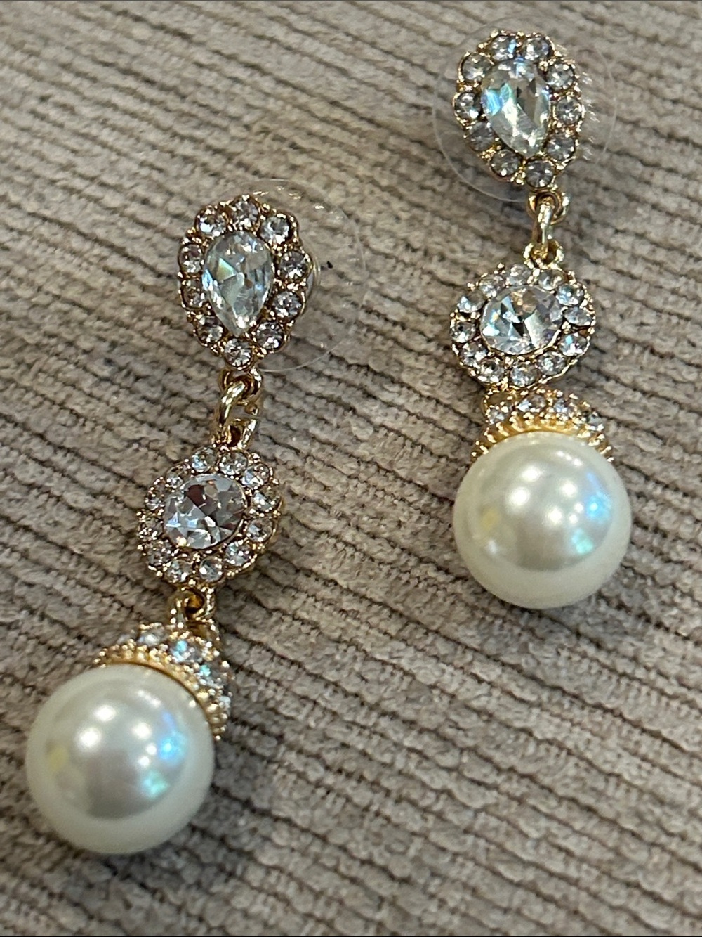 Gold-Tone faux Pearl Drop Earrings with Clear Crystals image 3